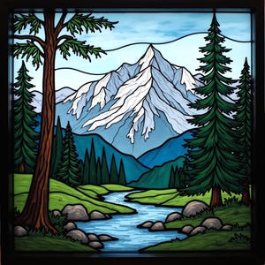 Custom Mountain Landscape Stained Glass Window Film – Snowy Peak and River Scene Static Cling Privacy Film for Living Room or Cabin Decor