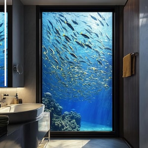 May include: A bathroom with a large window featuring an underwater scene. A school of fish swims in the deep blue water, with coral and the ocean floor visible. The bathroom has a sink, mirror, and towel rack.