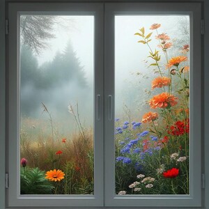 May include: A double-glazed window with a white frame. One pane reveals a misty forest, the other a colourful display of orange, red, and blue flowers. The image evokes a sense of nature and artistic expression, with a soft, diffused light.