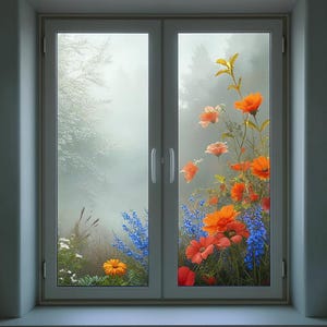 Könnte beinhalten: Ein Fenster mit weißem Rahmen, das eine lebendige Blumenausstellung zeigt. Orangefarbene Mohnblumen und blaue Wildblumen blühen vor dem Hintergrund eines nebligen Waldes. Das Fenster ist geschlossen und bietet einen Blick auf die Natur.