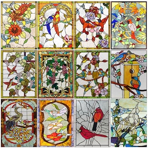 Custom Size Stained Glass Window Film Privacy Bird and Flower Design Reusable Removable Home-Decor Window Covering