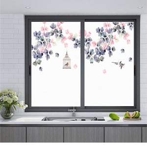 Frosted Customized Window Film Vintage Florals Bird Stained Film for Privacy No Adhesive Resuable Glass Static Cling Sticker Bathroom Decor