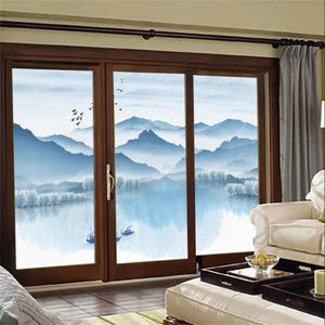Fenster Sichtschutzfolie - Tusche Landschaftsmalerei Muster, Frostglas Türfolie, Nichtkleber, Elektrostatisch, Sonnenblockierend