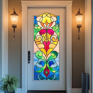 Custom Stained Glass Door Film - Vibrant Art Deco Privacy Window Cling for Front Entry & Interior Decor