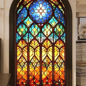 Custom Cathedral Stained Glass Window Film, Gothic Arch Designs with Blue and Amber Patterns, Privacy and Decor for Home or Church