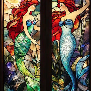 Fantasy Mermaid Stained Glass Window Film - Custom Decorative Privacy Film, Non-Adhesive Static Cling, Perfect for Bathrooms & Kids’ Rooms