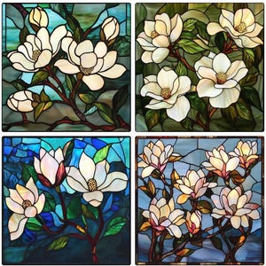 Custom Stained Glass Window Film - White Magnolia Design for Sophisticated Window Decor