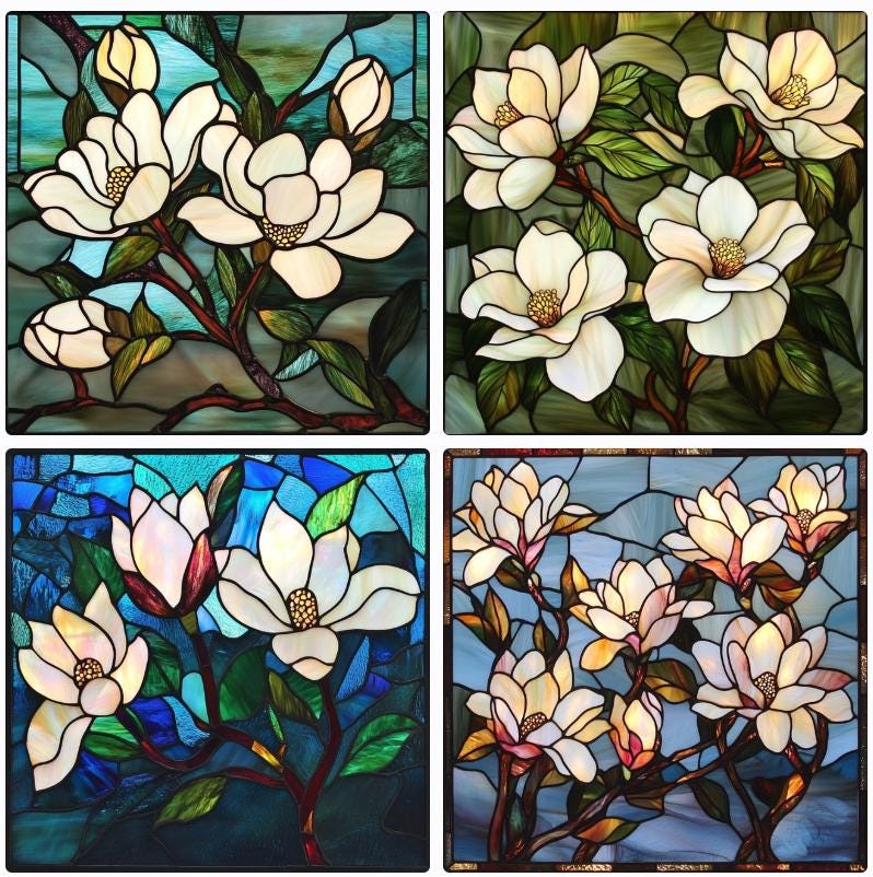Custom Stained Glass Window Film - White Magnolia Design for Sophisticated Window Decor
