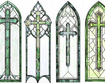 Custom Gothic Cross Stained Glass Window Film Arched Religious Privacy Panel Static Cling Non-Adhesive