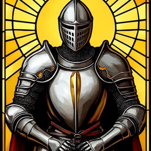 Medieval Knight Stained Glass Window Film – Custom Privacy Cling with Sunburst Armor Design for Man Cave or Game Room Decor