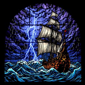 May include: A detailed illustration of a tall ship sailing through a storm. The ship is brown with white sails, navigating turbulent blue waves under a dark, stormy sky. A bright blue lightning bolt streaks across the sky, with rain falling. The image has a stained-glass window effect.