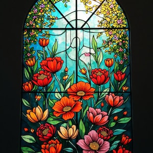 Benutzerdefinierte Glasmalerei-Fensterfilm Bunter Blumenbogen - Botanischer Garten Design Statische Folie für Sichtschutz Glastür, Küche oder Eingangsbereich