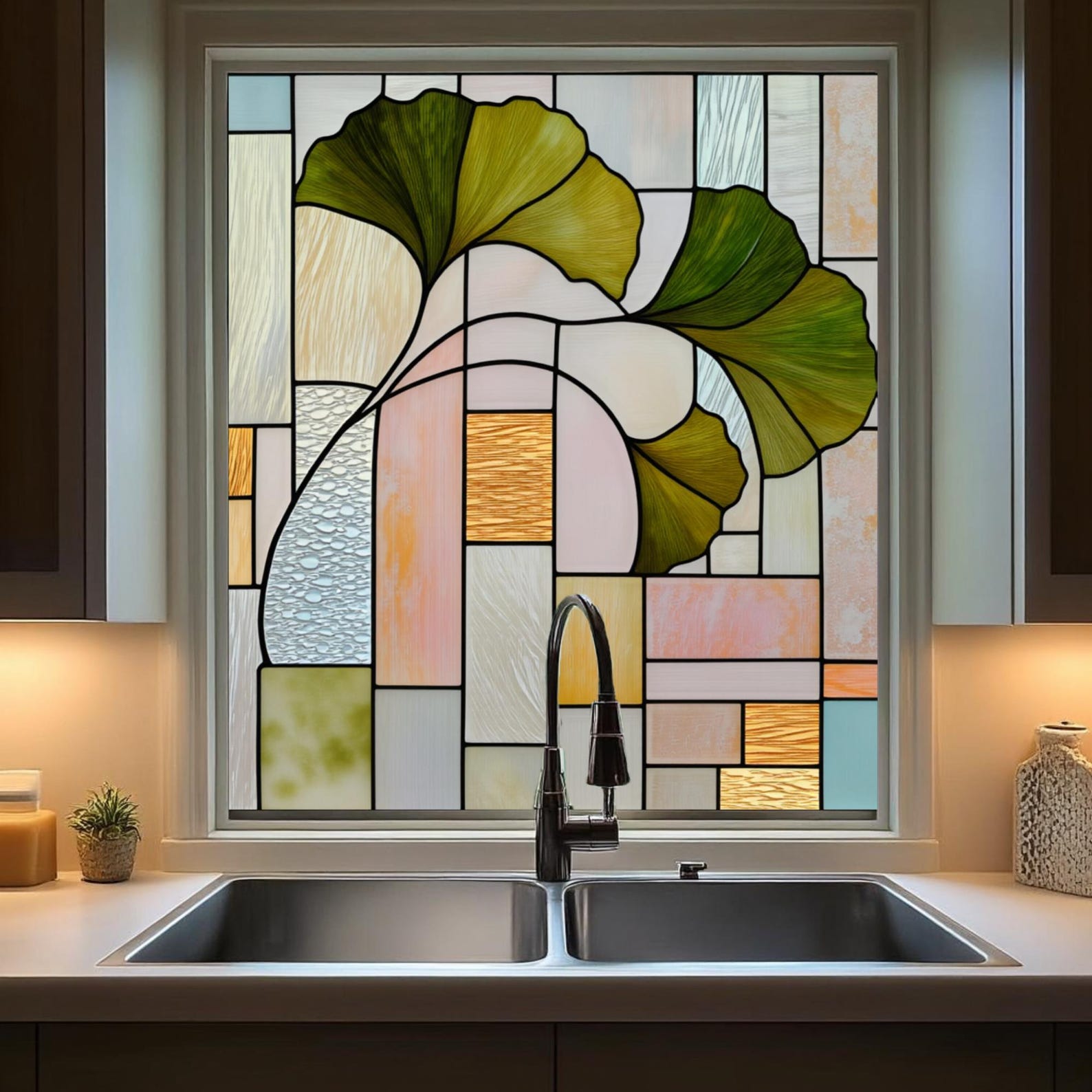 Gingko Window Stained Glass Window Film Ginkgo Leaf Art Nouveau Design Window Privacy ...