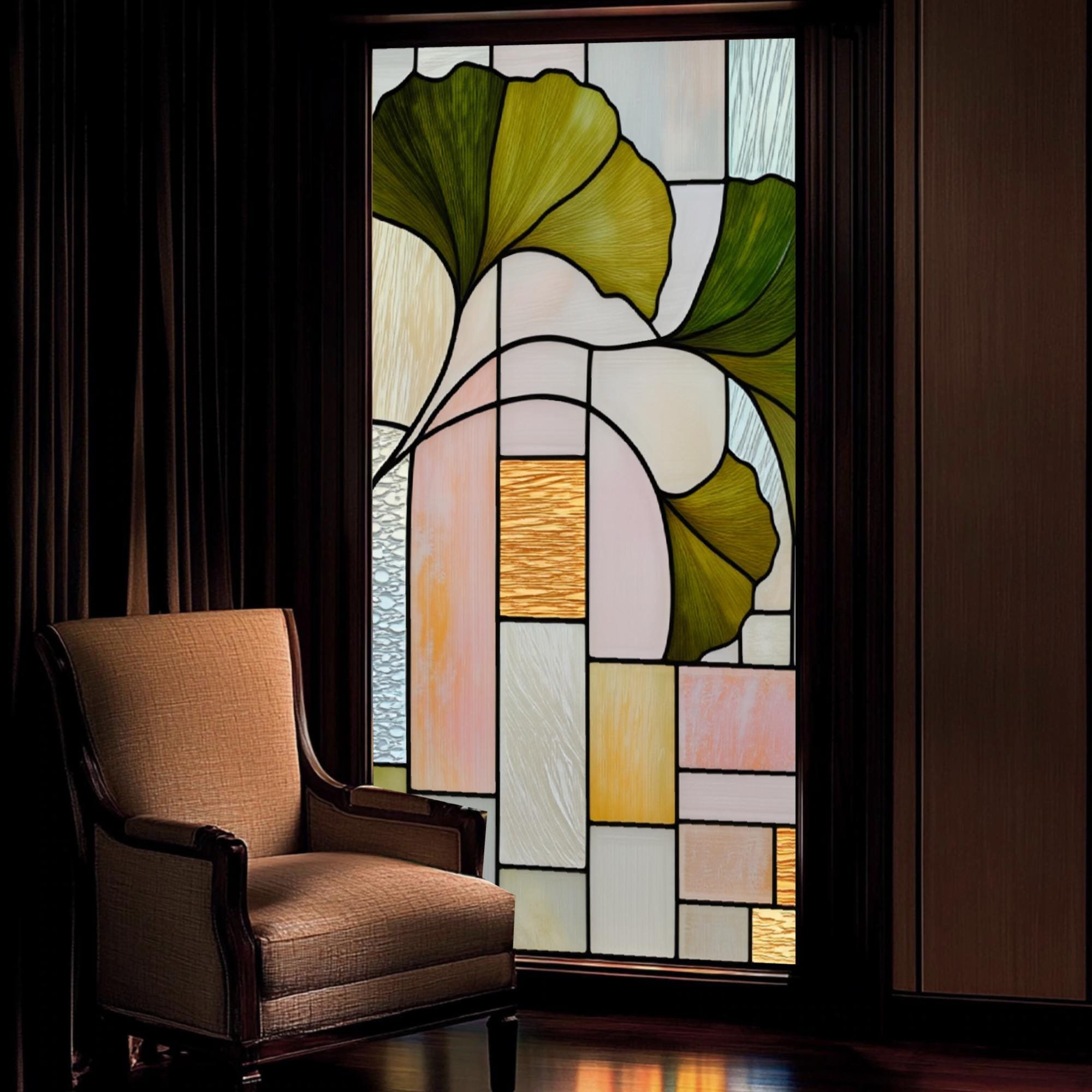 Gingko Window Stained Glass Window Film Ginkgo Leaf Art Nouveau Design Window Privacy ...