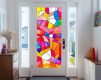 Stained Glass Window Film Colorful Geometric Design Privacy Frosted Vinyl Static Cling No Glue UV Protection for Home Office Front Door