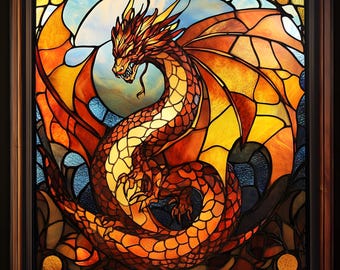 May include: A stained glass window featuring a red and orange dragon with yellow wings. The dragon is curled up in a defensive position with its wings spread out.