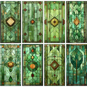 May include: Eight stained glass panels with geometric designs in shades of green, brown, and gold. Each panel features a unique pattern of lines, shapes, and textures, creating a mosaic-like effect. The panels are rectangular and appear to be for a window or door.