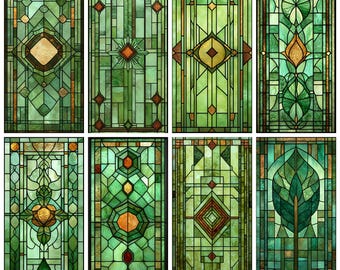 Art Deco Green Geometric Stained Glass Window Film Frosted Privacy Static Cling Decorative Window Cover for Bathroom Living Room Entry Door