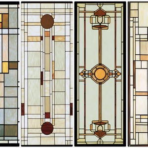 May include: Four stained glass panels with geometric designs. The panels feature beige, brown, yellow, and white colours, arranged in rectangular and square patterns. Each panel is framed in black.