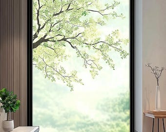 Custom Tree Branch Window Privacy Film – Frosted Green Nature Static Cling | Minimalist Landscape Decorative Vinyl for Living Room, Office