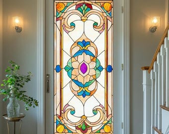 Custom Stained Glass Window Film Classic Floral Design Privacy Frosted Vinyl Static Cling UV Protection No Glue for Living Room Kitchen