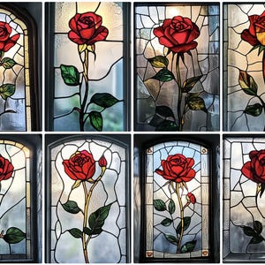 Custom Stained Glass Window Film - Elegant Red Rose Design for Privacy and Decorative Beauty
