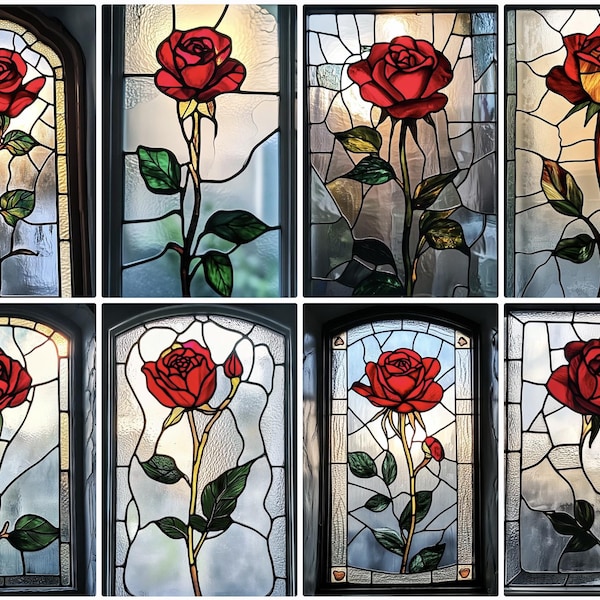 Custom Stained Glass Window Film - Elegant Red Rose Design for Privacy and Decorative Beauty