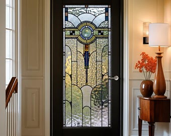 Art Decor Stained Glass Window Privacy Film – Elegant Blue and Gold Design for Front Door, Static Cling Non-Adhesive Decorative Glass Cover