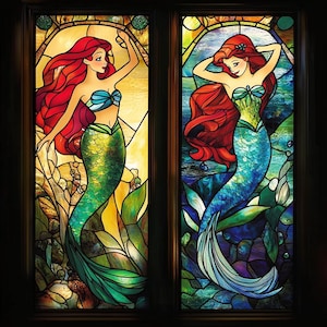 Double Mermaid Stained Glass Window Film - Custom Decorative Privacy Film, Non-Adhesive Static Cling, Perfect for Kids’ Rooms & Bathrooms