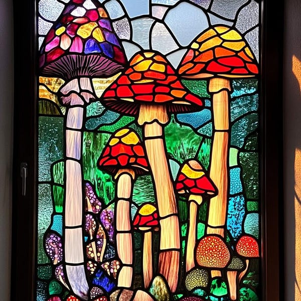 Custom Stained Glass Window Film - Vibrant Mushroom Forest Design for Privacy and Artistic Appeal