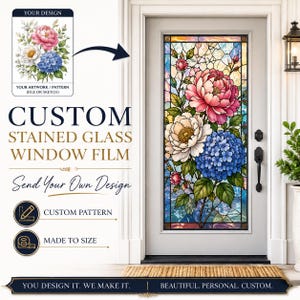 May include: A custom stained glass window film applied to a door, featuring a vibrant floral design with pink, white, and blue hydrangea-like flowers and green leaves. The film displays a leaded glass pattern and is installed on a light gray door.