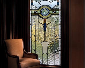 Custom Art Deco Stained Glass Window Film – Frosted Privacy Film with Vintage Geometric Design