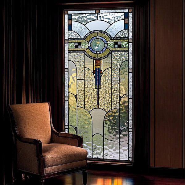 Custom Art Deco Stained Glass Window Film – Frosted Privacy Film with Vintage Geometric Design