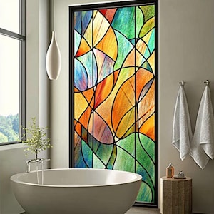 Abstract Rainbow Stained Glass Window Film – Custom Privacy Static Cling | Colorful Frosted Decorative Vinyl for Bathroom, Kitchen, Balcony