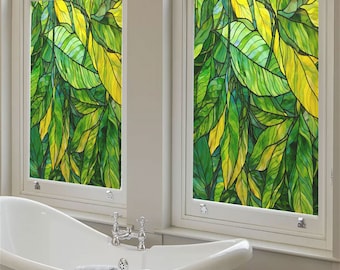 Non-Adhesive Custom Size Frosted Window Film Green Leaves Artscape Stained Glass Sticker for Bathroom Privacy Home Decal