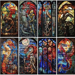 Puede incluir: Un conjunto de diez paneles de vitrales con dragones coloridos y detalles intrincados. Cada panel representa un diseño de dragón diferente con varios colores y patrones.