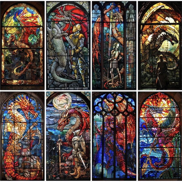 Fantasy Dragon and Warrior Stained Glass Panels - Gothic Style Window Film