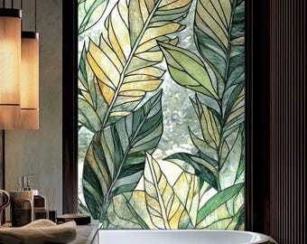Tropical Leaf Stained Glass Window Film - Green Decorative Privacy Film - Static Cling, Non-Adhesive for Bathroom, Kitchen, Or Room Decor