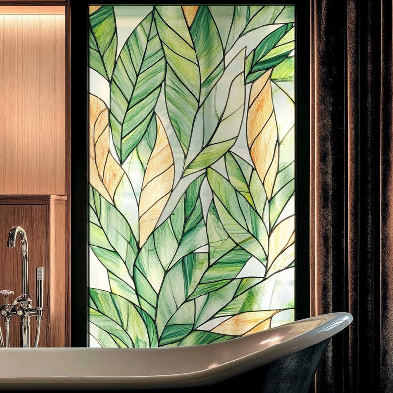 Nature-inspired Leaf Design Stained Glass Window Film, Frosted Privacy ...