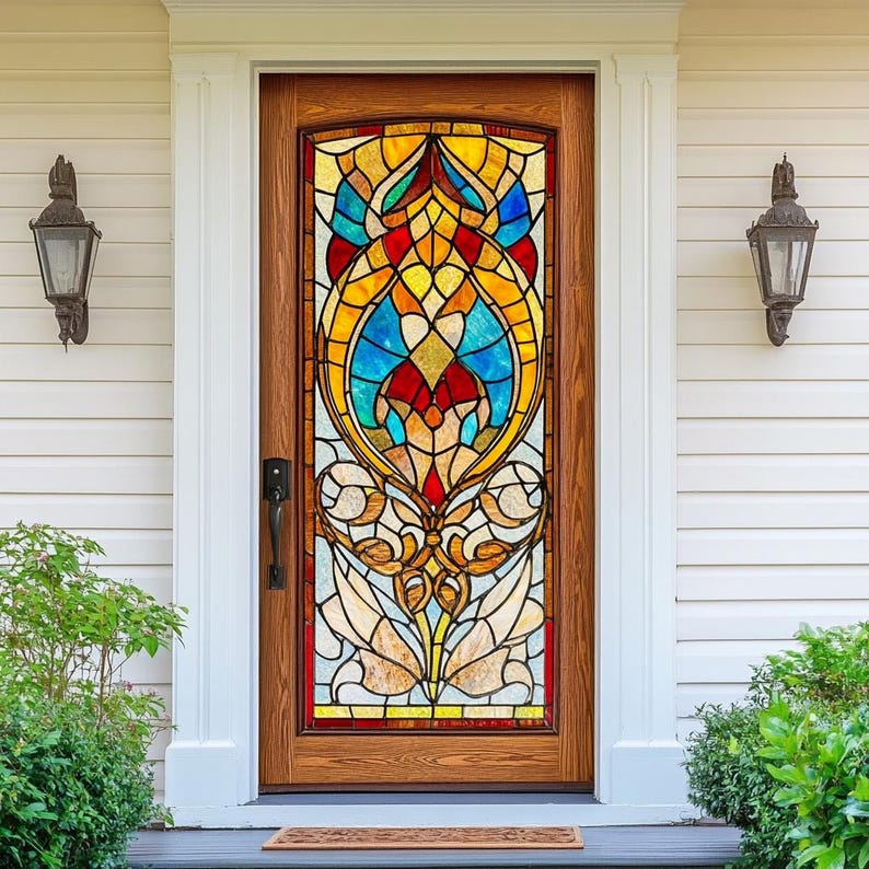 Custom Stained Glass Door Film - Vibrant Art Deco Privacy Window Cling ...