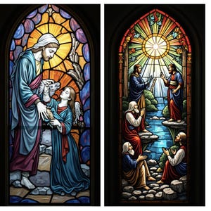 Custom Stained Glass Window Film Jesus Shepherd and Teaching Scene – Religious Christian Art Static Cling for Church Home or Privacy Window