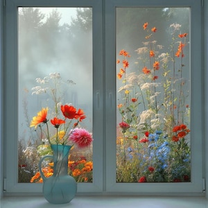 Könnte beinhalten: Eine hellblaue Vase mit bunten Blumen, darunter rote, orangefarbene und rosa Blüten, steht auf einer Fensterbank. Das Fenster zeigt einen Blick auf einen nebligen Garten mit Wildblumen und Bäumen. Die Szene strahlt Ruhe und natürliche Schönheit aus.