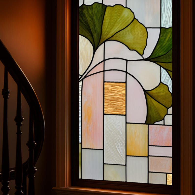 Gingko Window Stained Glass Window Film Ginkgo Leaf Art Nouveau Design Window Privacy ...