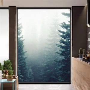 Glass Window Privacy Film – Misty Forest Design, Frosted, Sun Blocking Glass Decoration Stickers, No Glue for Bathroom Door