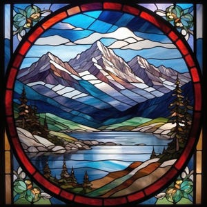Custom Mountain Lake Stained Glass Window Film –Alpine Scenic View Static Cling Privacy Film for Living Room, Entryway, or Rustic Home Decor