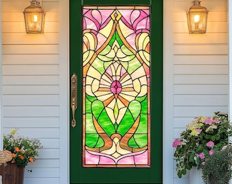 May include: A green front door with a stained glass window featuring a floral design in shades of pink, yellow, and green.