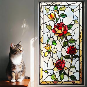 Custom Red Rose Stained Glass Window Film – Romantic Floral Privacy Cling | Vintage Frosted Decorative Vinyl for Bathroom, Entryway