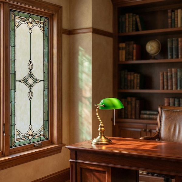 Aangepast formaat art nouveau-raamfolie: groen geometrisch glas-in-loodeffect, statisch vastklevend privacydecor
