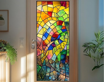 Stained Glass Window Film Colorful Abstract Mosaic Design Privacy Frosted Vinyl Static Cling No Glue UV Protection for Home Windows