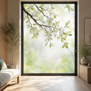 Puede incluir: Una película para ventana con una ilustración en acuarela de una rama de árbol con hojas verdes y pequeñas flores blancas. El diseño se presenta sobre un fondo suave y difuminado en verde y blanco, creando un efecto translúcido.